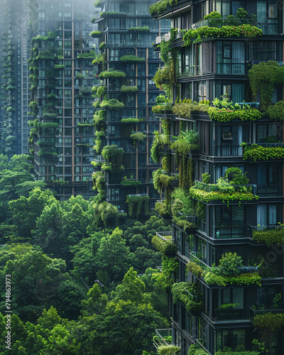 A city landscape filled with lush green parks, rooftop gardens, and solar panels on every building