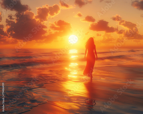 A woman walking alone on a deserted beach at sunrise