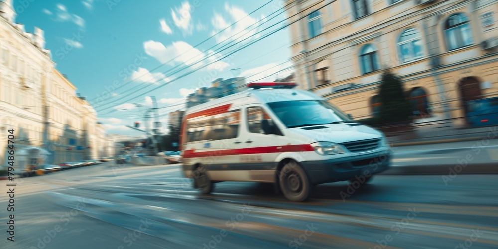 An obscured movement scene of a medical vehicle rushing to an urgent situation.