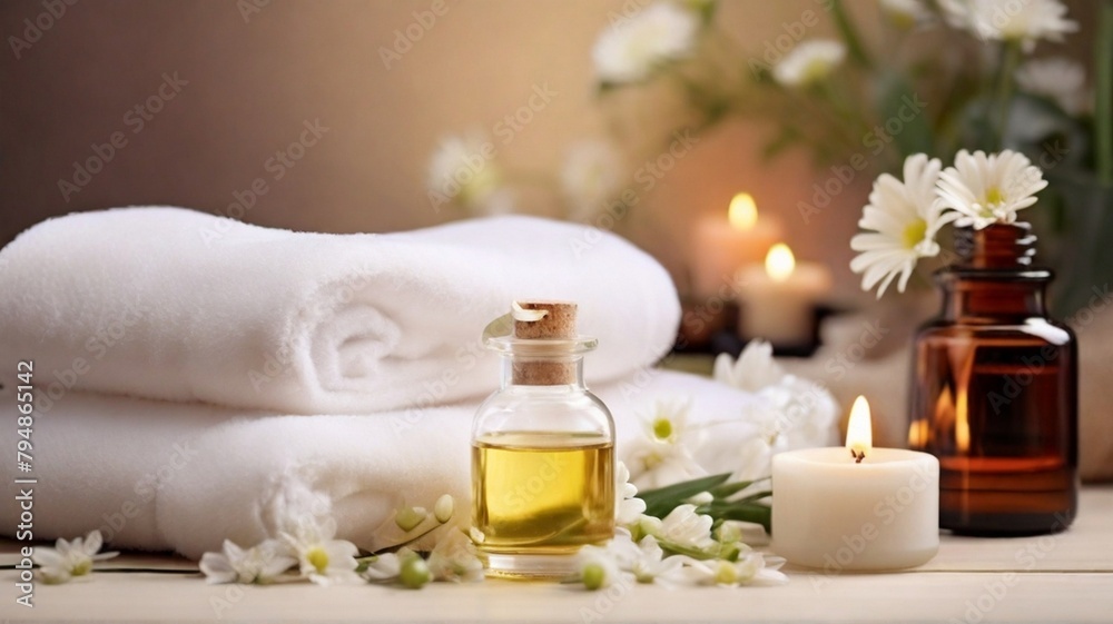 Beautiful spa decoration by candle and white flowers with beauty products