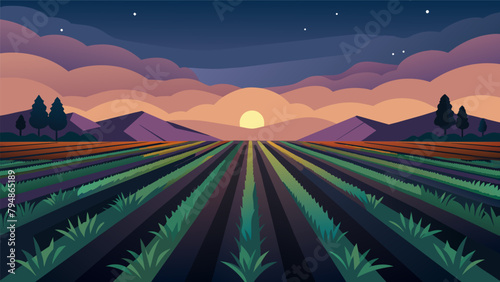 Dusk settles over a field where rows of crops are spaciously planted allowing for natural moisture retention in the soil.