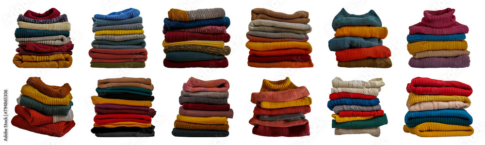Colorful stacked knit sweaters cut out png on transparent background Colorful stacked knit sweaters cut out png on transparent background