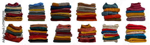 Colorful stacked knit sweaters cut out png on transparent background photo