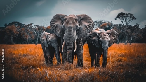   A cluster of elephants congregate beside each other in a sea of tall grass, framed by trees in the background photo