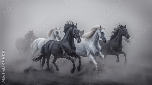   A group of horses gallops through a foggy  black-and-white landscape during the day