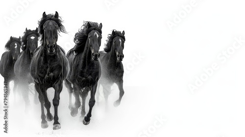   A line of black horses galloping in the snow, heads inclined to the side photo