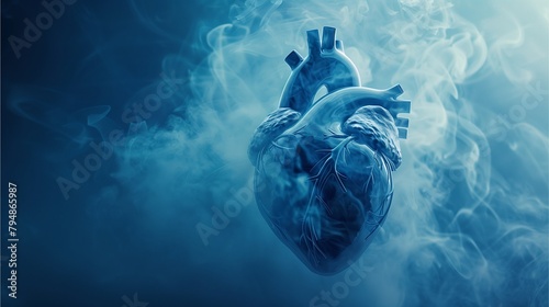 Simulated human heart with white smoke around it. Conveys pollution, environmental protection and health concepts.Generative AI illustration. #794865987