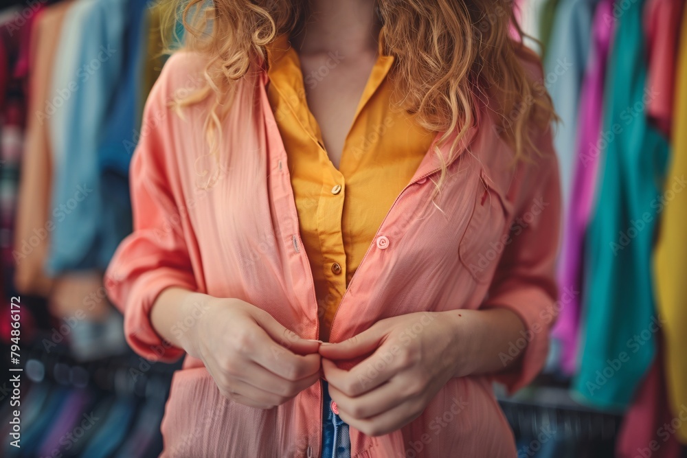 Stylish woman shopping for a peach shirt in a store, using fitting and fashion advice from a professional to create a trendy look based on the color of the upcoming year.