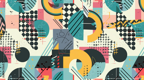 Background illustration, Seamless geometric pattern in retro 90’s style. Background 90s style with typical colors and shapes. photo