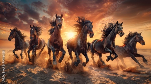   Group of horses galloping on sandy beach beneath cloudy yet sunlit sky photo