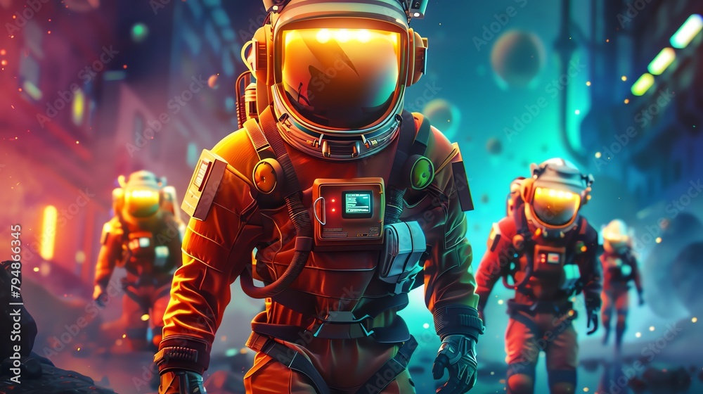A group of astronauts in orange space suits walking on an alien planet