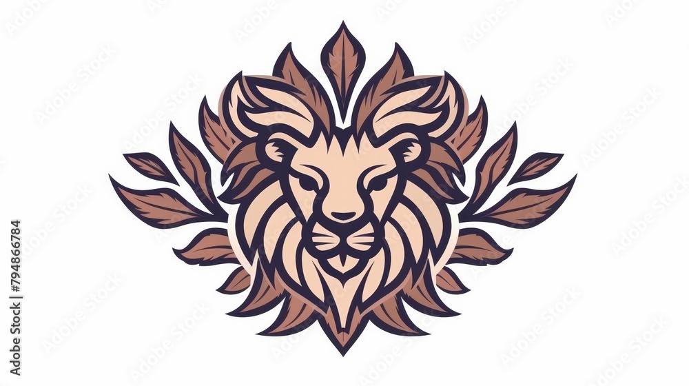 A lion's head adorned with a circular crown of leaves, set against a pristine white background A lion's head adorned with a circular crown of leaves, set against a pristine white background