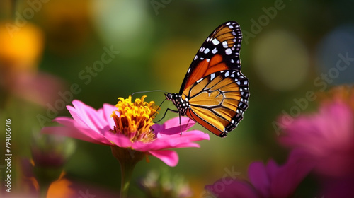 A colorful butterfly perched delicately on a blooming flower, its wings shimmering in the sunlight. © Creative