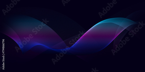 Dark abstract background with a glowing wave. Shiny moving lines design element. Modern purple, blue gradient flowing wave lines. Futuristic technology concept.