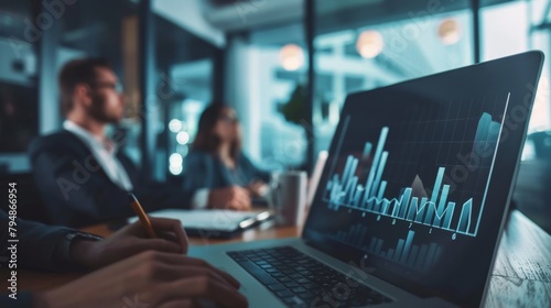 The team of employees uses innovative techniques and tools to solve complex business problems. Laptop close-up of businessman working at meeting with graphs