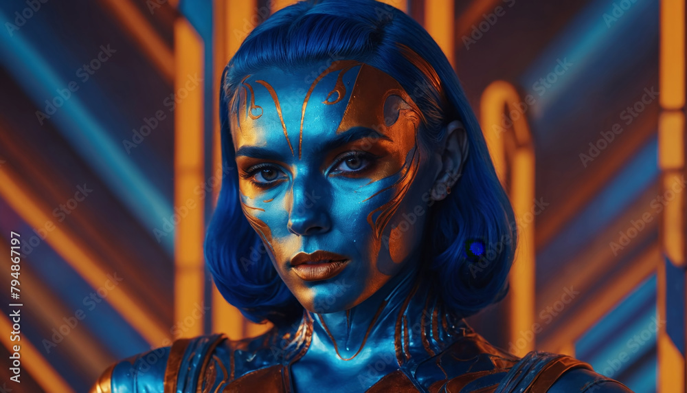Futuristic woman in fantasy surreal style on a unknown planet in orange and blue colors