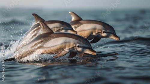   A group of dolphins swimming atop the water s surface  with foreground splashes