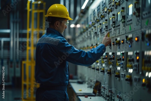 An engineer in safety gear is intently managing a complex, illuminated control panel in an industrial setting