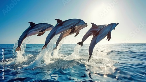   Three dolphins leap from blue waters  sun illuminating their splashes