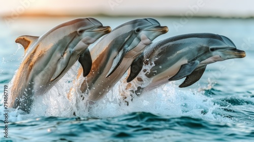 Three dolphins leap above water, heads visible