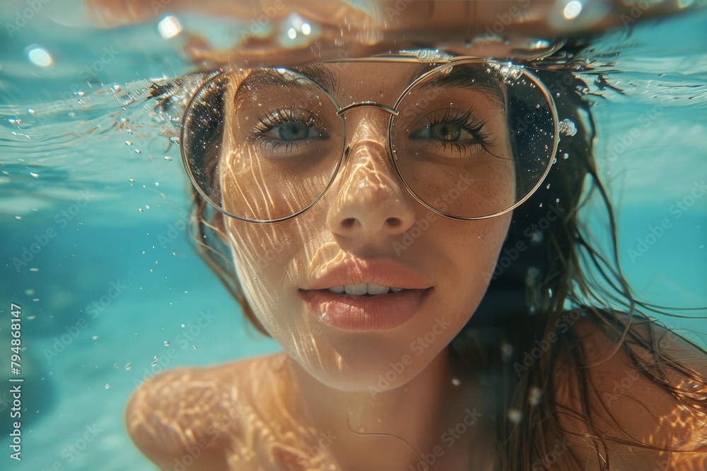 Underwater shot of a woman's face with glasses, looking up towards the camera with a serene expression Underwater shot of a woman's face with glasses, looking up towards the camera with a serene expression