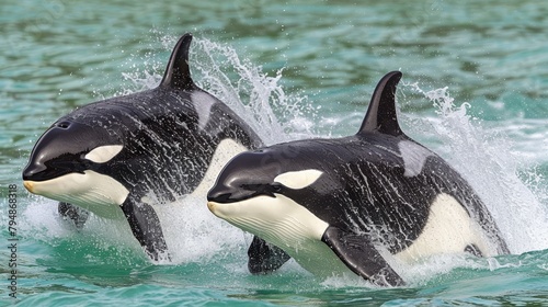   Two orcas  one black and one white  break the water s surface with their heads
