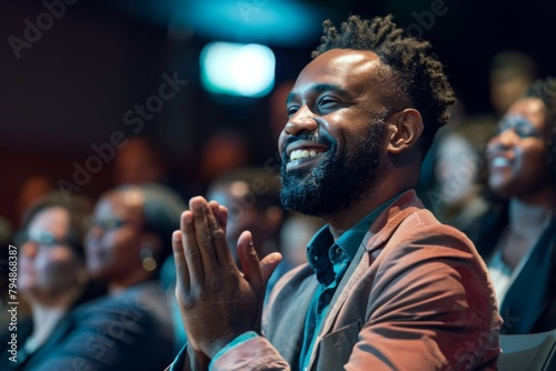 A happy African American man clapping while seated in an audience, enjoying the moment