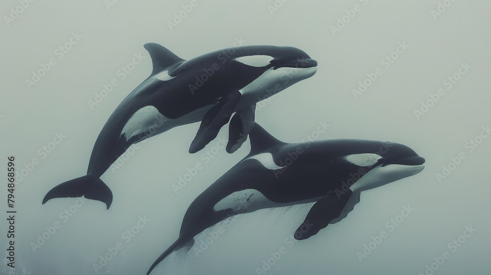 Two orcas swim in the foggy ocean, heads bobbing above the surface Two orcas swim in the foggy ocean, heads bobbing above the surface