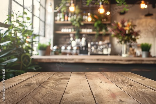 Wooden surface with a blurred background of a cafe ambiance, establishing a warm and inviting atmosphere for customers