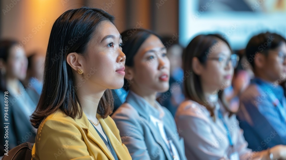 Asian businesspeople sitting in the conference hall and listening to the presentation with the speaker-an event or technology workshop in a hotel for a professional and corporate gathering.