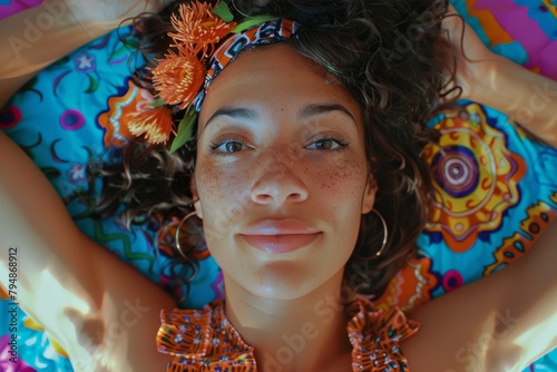 A top-down shot of a smiling woman with freckles lying down with a colorful floral headband photo