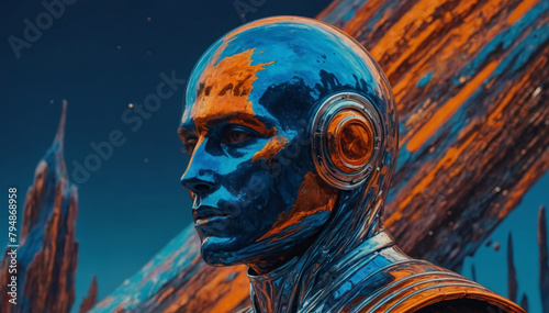 Futuristic man in fantasy surreal style on a unknown planet in orange and blue colors