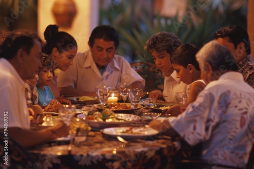 A family gathered for a traditional dinner lit by candles  displaying closeness and cultural values