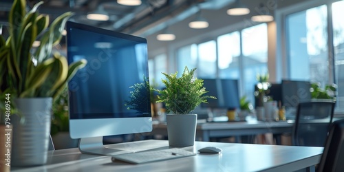 An elegant workplace showcasing a modern computer and a green plant in a serene office environment