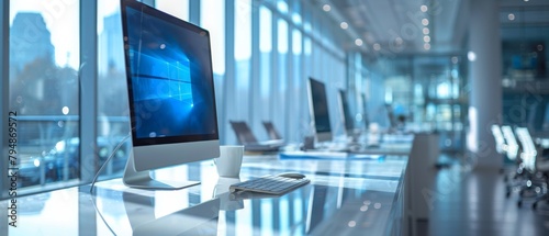 A line of sophisticated computers set against the backdrop of a modern office with panoramic glass windows