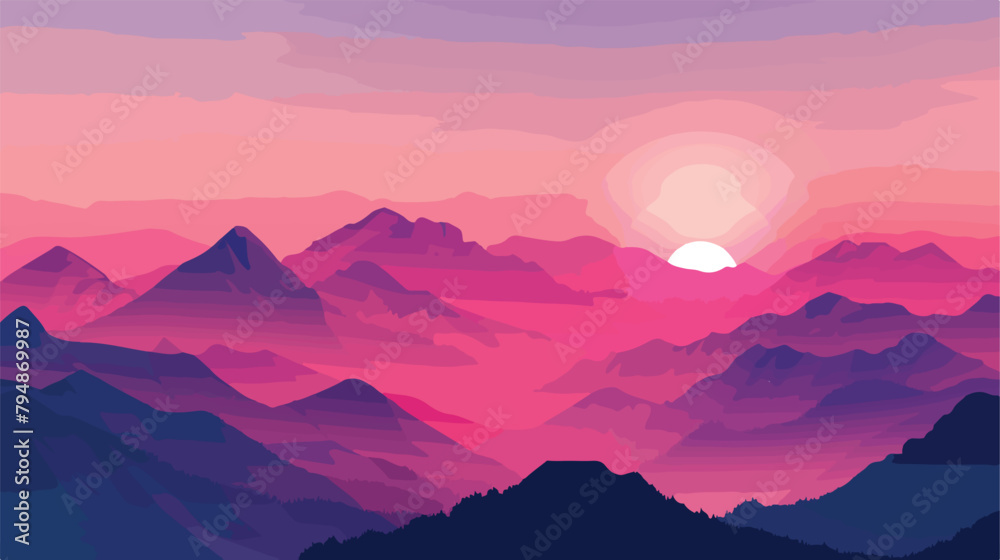 Mountains in the pink sunlight at sunset. Vector illu
