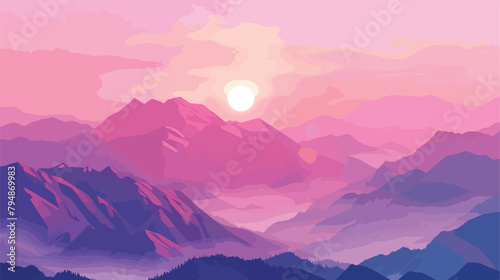 Mountains in the pink sunlight at sunset. Vector illu photo