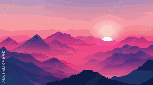 Mountains in the pink sunlight at sunset. Vector illu