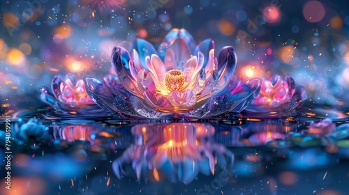   A water lily floats above the mirror-like surface of the water, its image reflected perfectly beneath photo