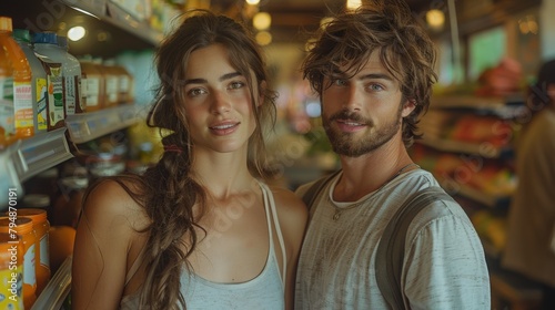 Capture the curiosity of a young couple exploring a bulk grocery store for the first time, marveling at the variety