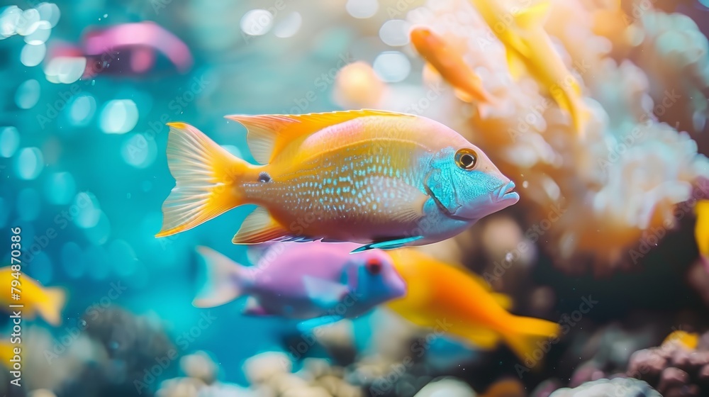 A school of fish swimming together on a blue-green seabed, surrounded by corals in the background A school of fish swimming together on a blue-green seabed, surrounded by corals in the background