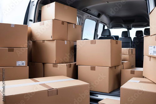 Boxes and packages being loaded onto the back of a van for delivery to customers. Logistic and transport services unloading goods in cardboard containers from inside a mini truck during house moving.