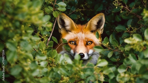 A curious fox peeking out from behind a bush, its bright eyes sparkling with intelligence.