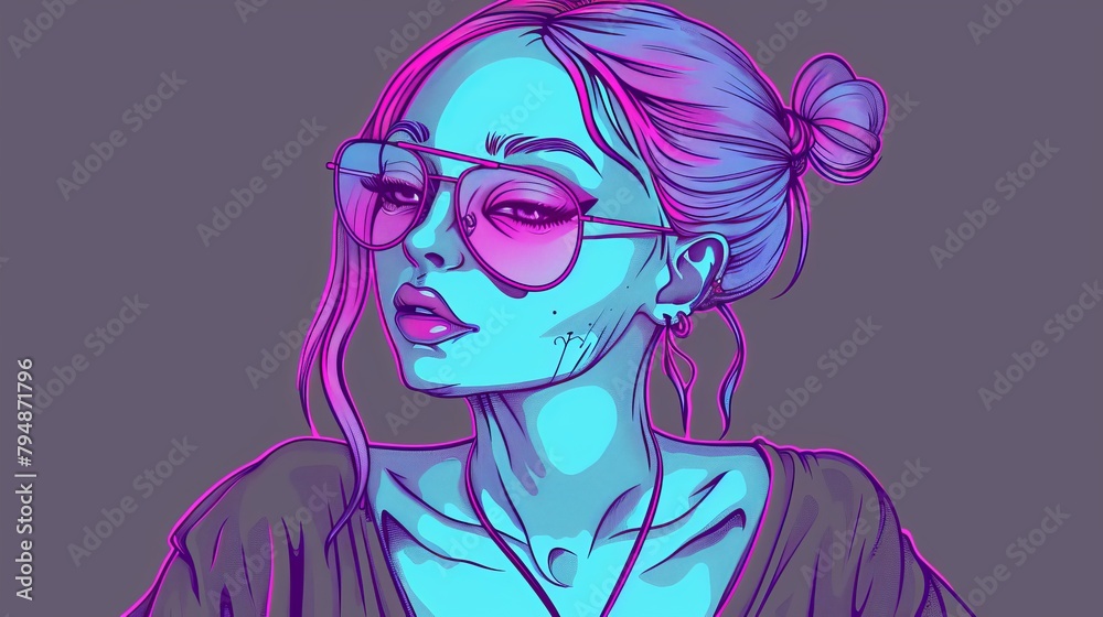 A woman is depicted wearing a purple shirt, accessorized with a pink bow in her hair and donning pink sunglasses A woman is depicted wearing a purple shirt, accessorized with a pink bow in her hair and donning pink sunglasses