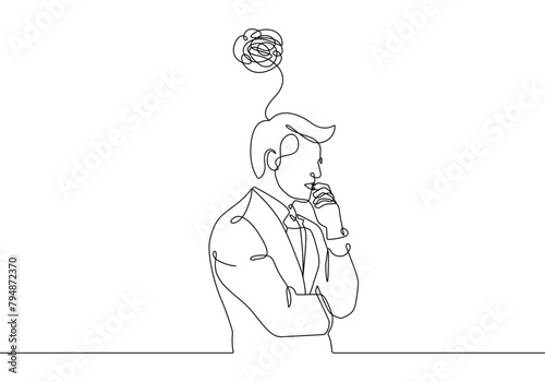 Businessman Thinks  Line Art Drawing. Reflections Concept Minimalist Black Sketch Isolated on White Background. Continuous One Line Abstract Drawing of Businessman for Modern Design. Vector EPS 10