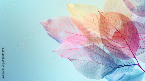 Colorful transparent leaves on a blue pastel background banner with empty copy space 