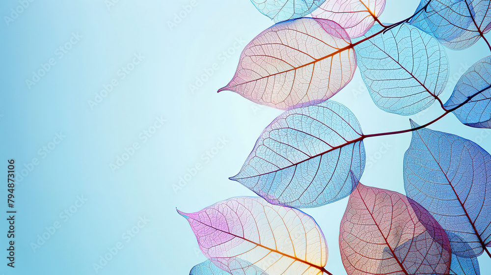 Colorful transparent leaves on a blue pastel background banner with empty  copy space 