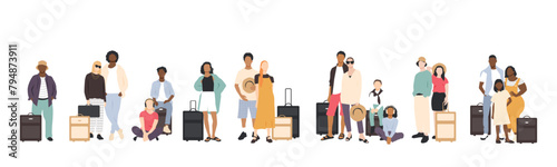 Different people stand with suitcases. Vacation concept. © Stafeeva
