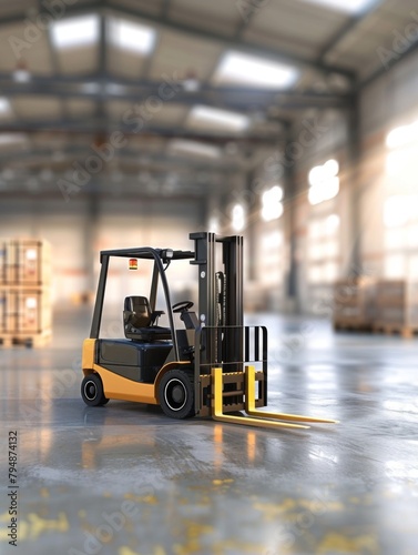 Forklift in a modern spacious warehouse setting - An immaculate 3D image displaying a state-of-the-art forklift in a spacious, well-lit warehouse surrounded by goods
