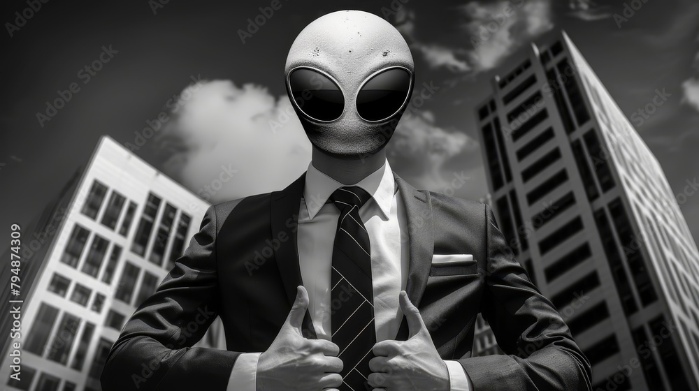 A man in a suit and tie wears an alien mask, facing a towering building ...